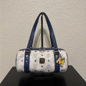MCM White & Navy Logo Barrel Bag with Yellow M Charm